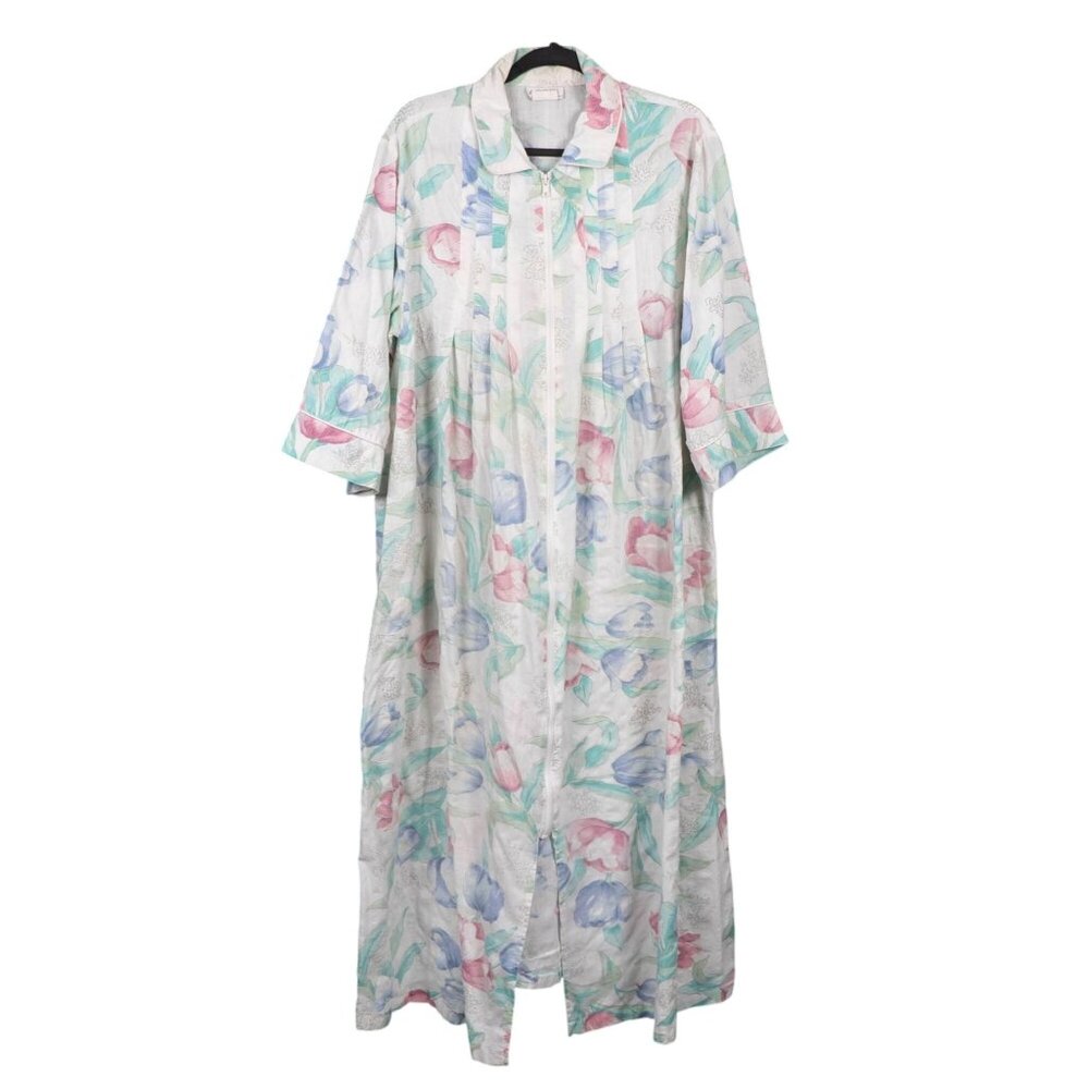 Appel VTG Floral Robe M Womens Full Zip Cotton Blend Short Sleeve Spring Light